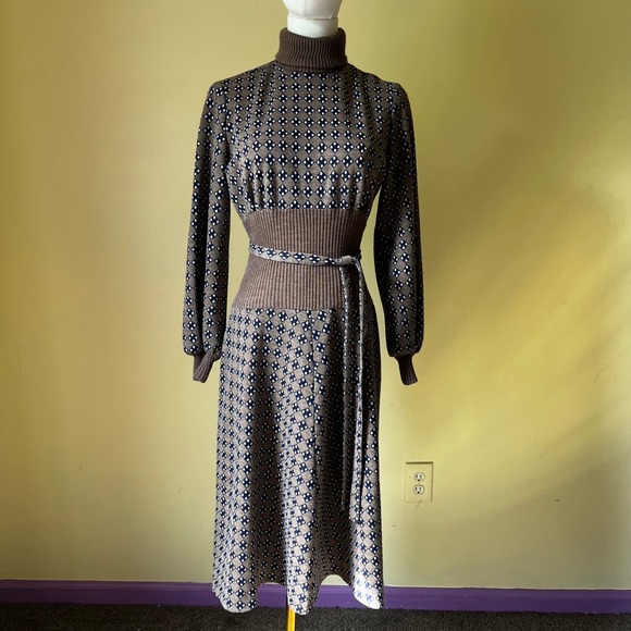Vintage 1970s Morton Myles for Smith & Jones Geometric Knit Turtleneck Dress S - Picture 1 of 9